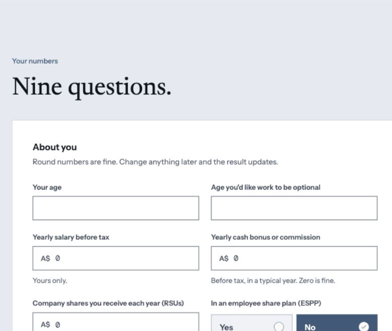 Quit number calculator with age, income, company shares and savings inputs